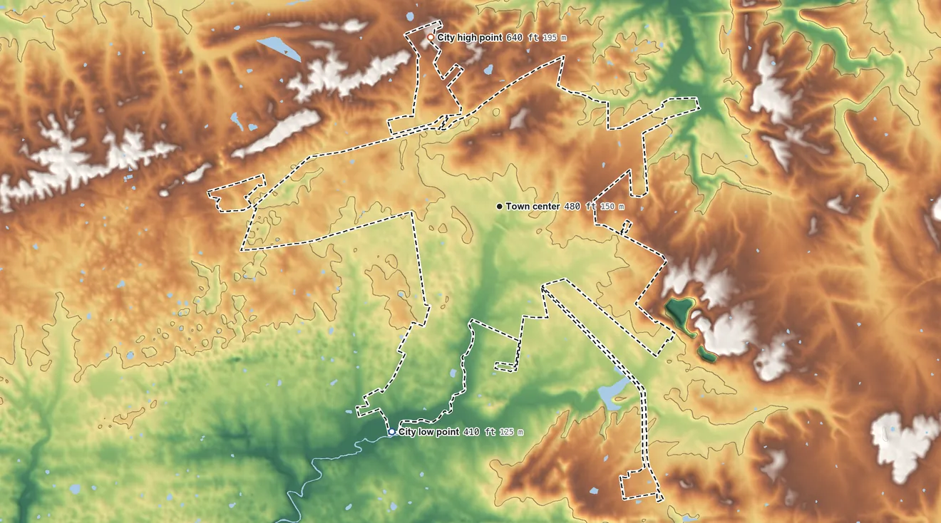 Topographic elevation map of Princeton, Kentucky, shaded from 410 ft on the southwest side to 640 ft on the north side