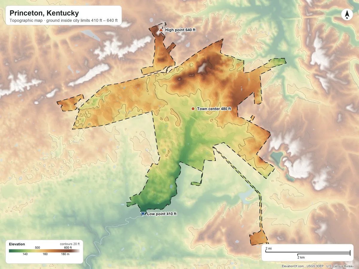 Topographic elevation map of Princeton, Kentucky, shaded from 410 ft on the southwest side to 640 ft on the north side