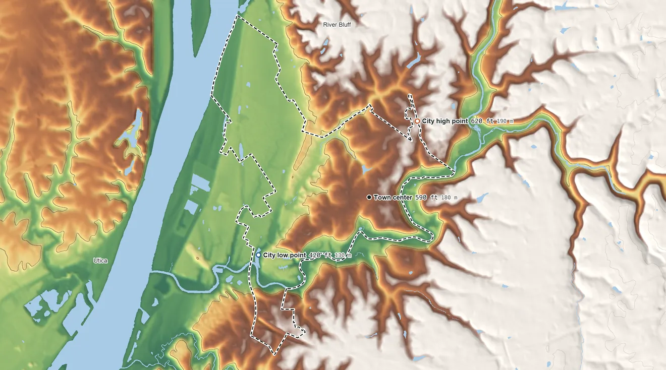 Topographic elevation map of Prospect, Kentucky, shaded from 420 ft on the southwest side to 620 ft on the northeast side