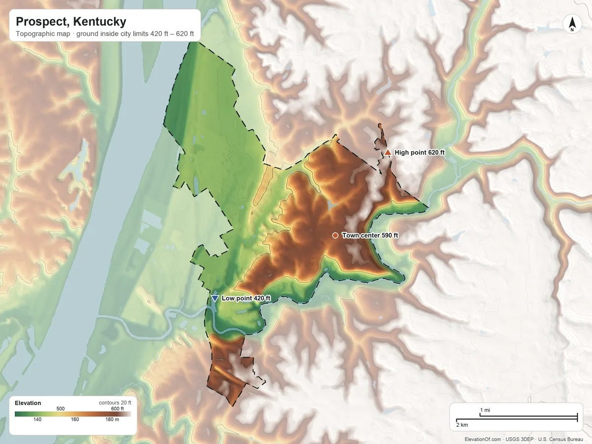 Topographic elevation map of Prospect, Kentucky, shaded from 420 ft on the southwest side to 620 ft on the northeast side
