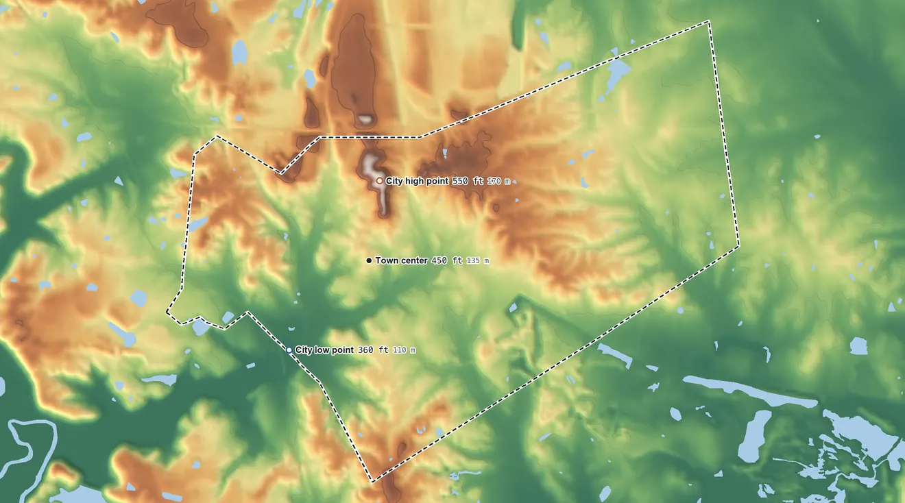 Topographic elevation map of Providence, Kentucky, shaded from 360 ft on the southwest side to 550 ft on the north side