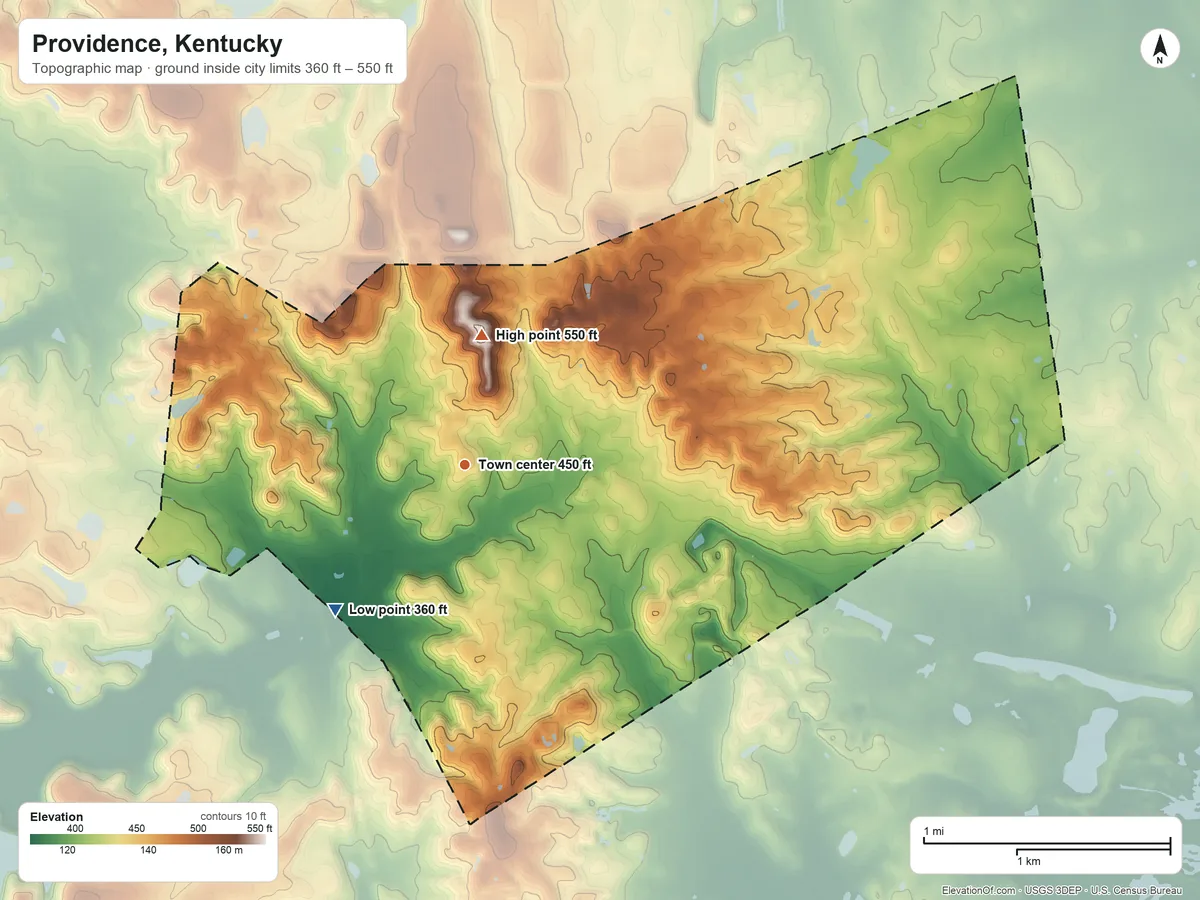 Topographic elevation map of Providence, Kentucky, shaded from 360 ft on the southwest side to 550 ft on the north side