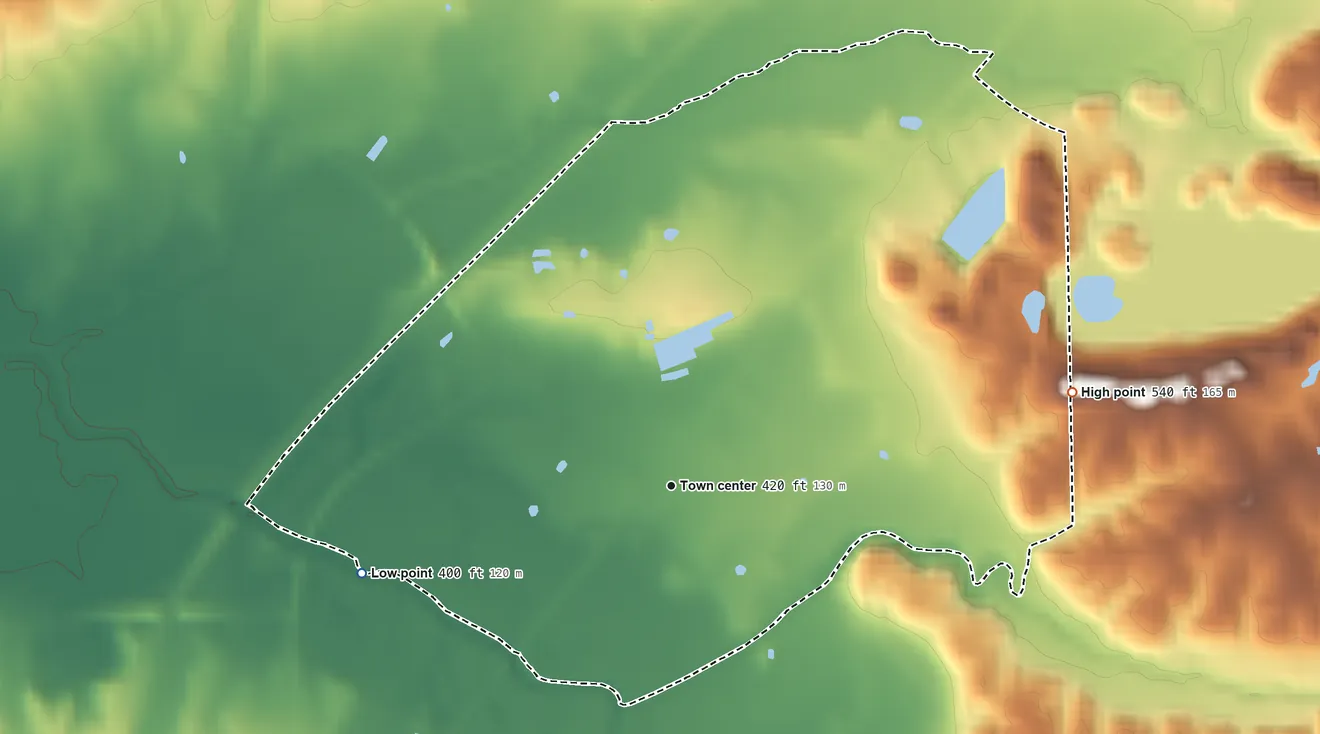 Topographic elevation map of Pryorsburg, Kentucky, shaded from 400 ft on the west side to 540 ft on the east side