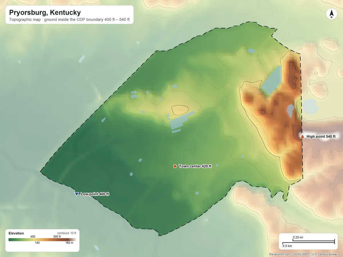 Topographic elevation map of Pryorsburg, Kentucky, shaded from 400 ft on the west side to 540 ft on the east side