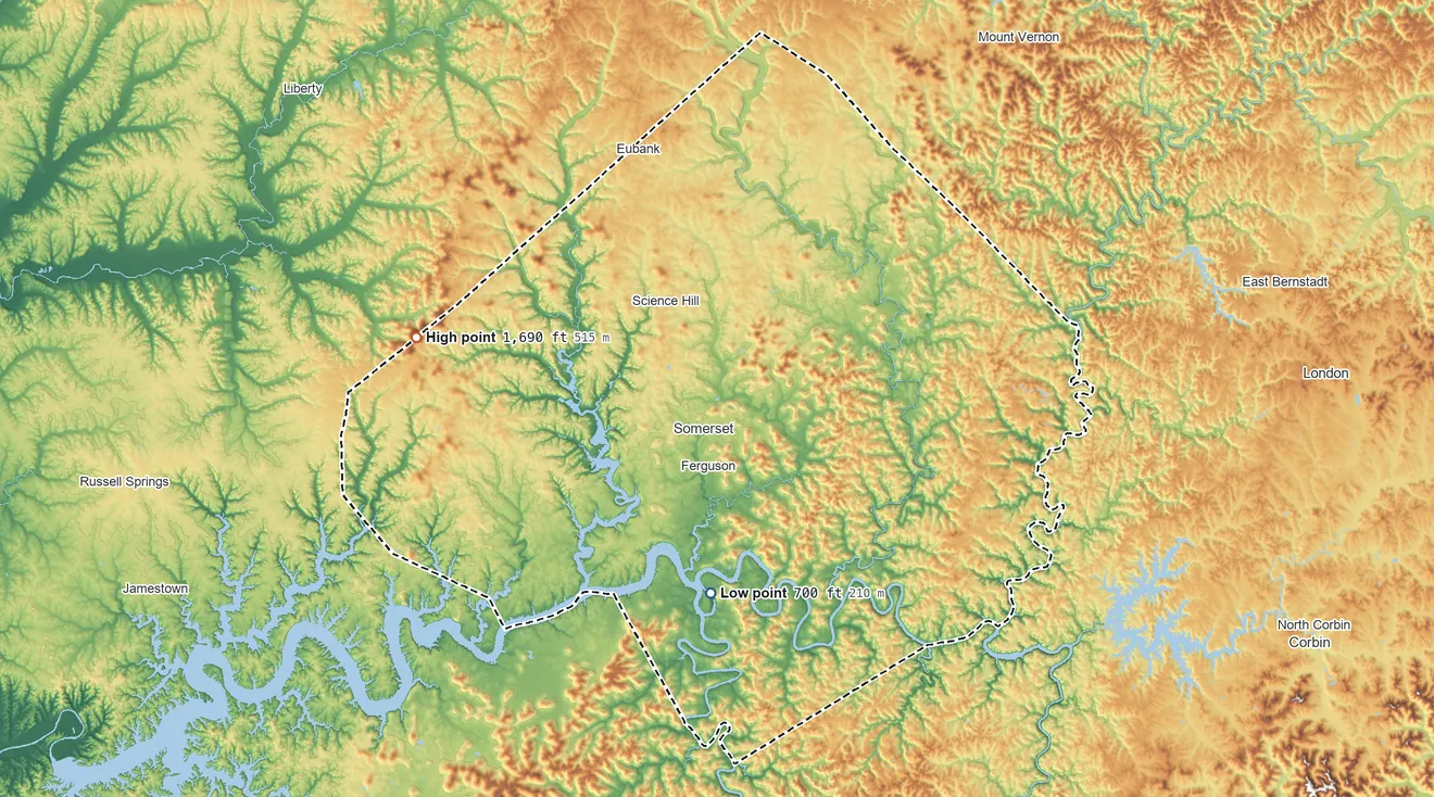 Topographic elevation map of Pulaski County, Kentucky, shaded from 700 ft on the south side to 1,690 ft on the west side