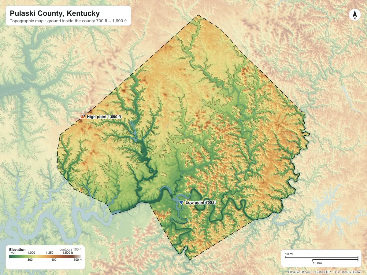 Topographic elevation map of Pulaski County, Kentucky, shaded from 700 ft on the south side to 1,690 ft on the west side