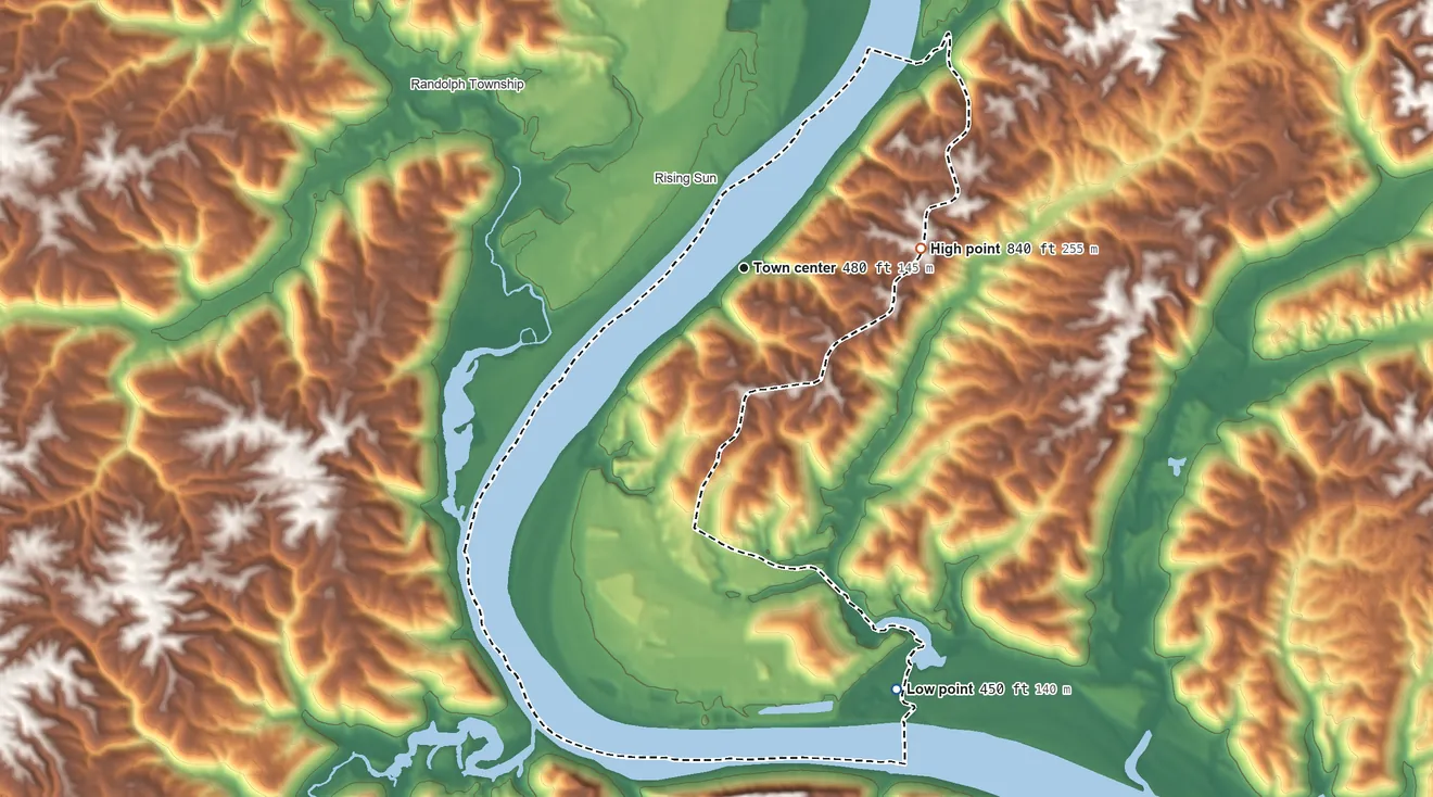 Topographic elevation map of Rabbit Hash, Kentucky, shaded from 450 ft on the south side to 840 ft on the east side