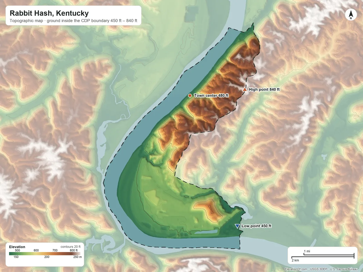 Topographic elevation map of Rabbit Hash, Kentucky, shaded from 450 ft on the south side to 840 ft on the east side