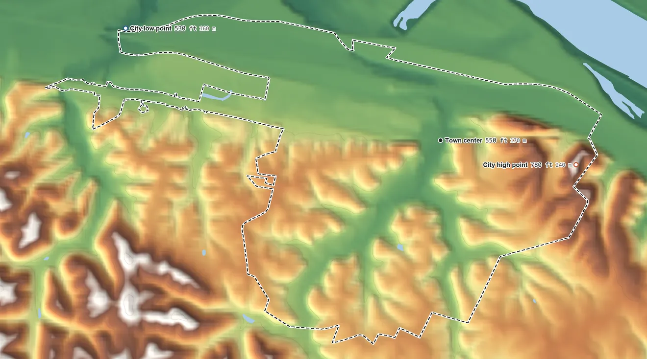 Topographic elevation map of Raceland, Kentucky, shaded from 530 ft on the west side to 780 ft on the east side