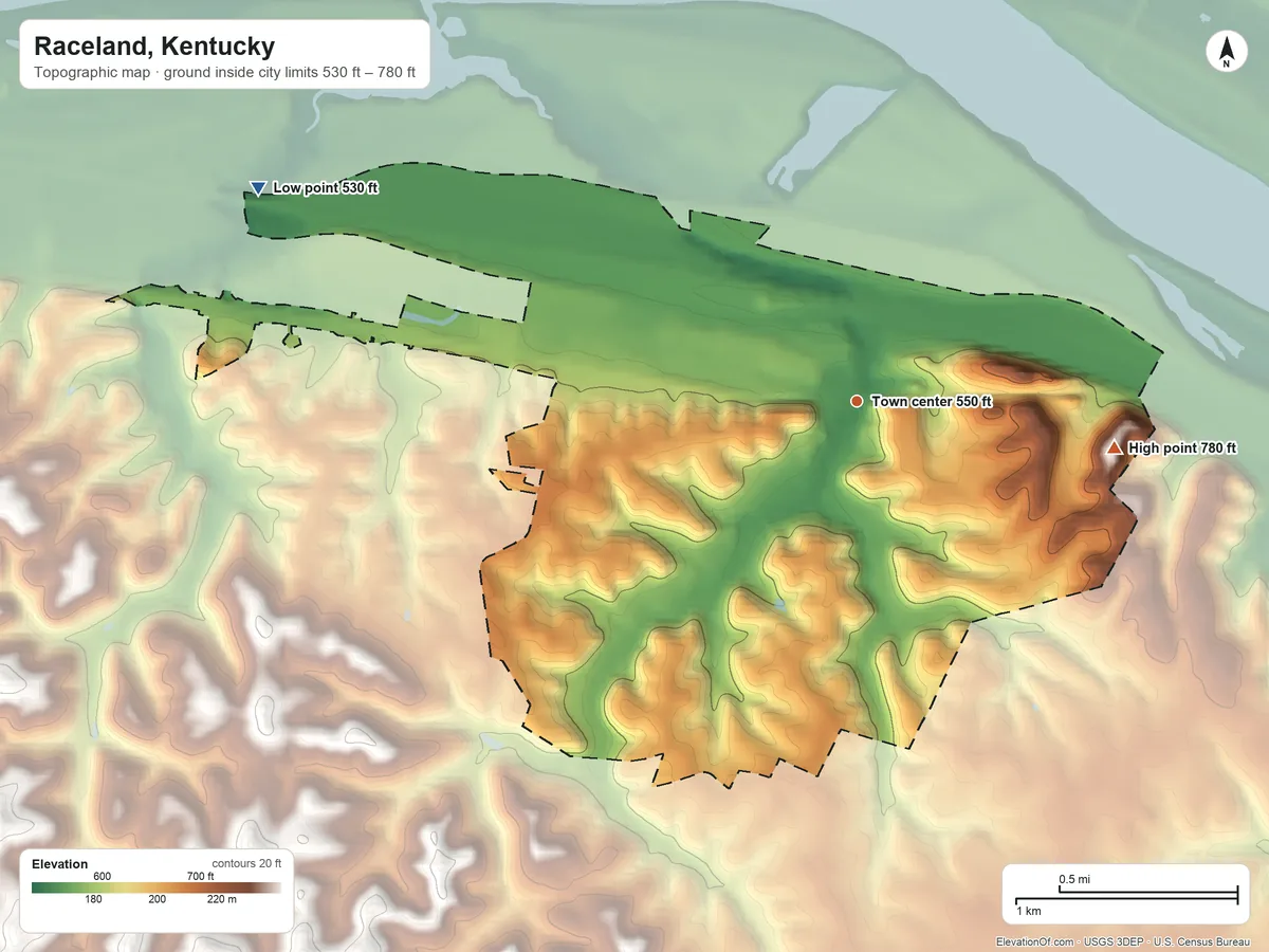 Topographic elevation map of Raceland, Kentucky, shaded from 530 ft on the west side to 780 ft on the east side