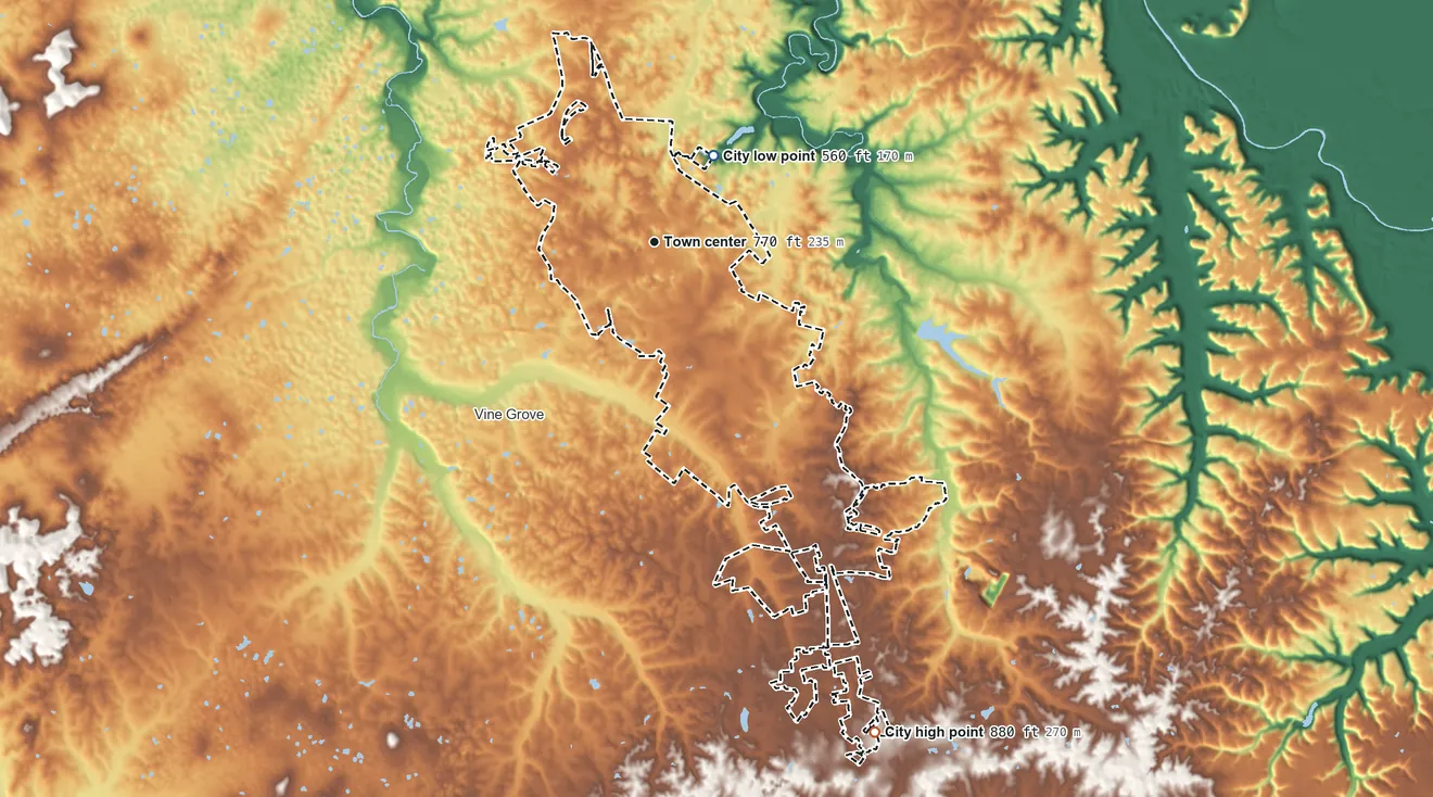 Topographic elevation map of Radcliff, Kentucky, shaded from 560 ft on the northeast side to 880 ft on the southeast side