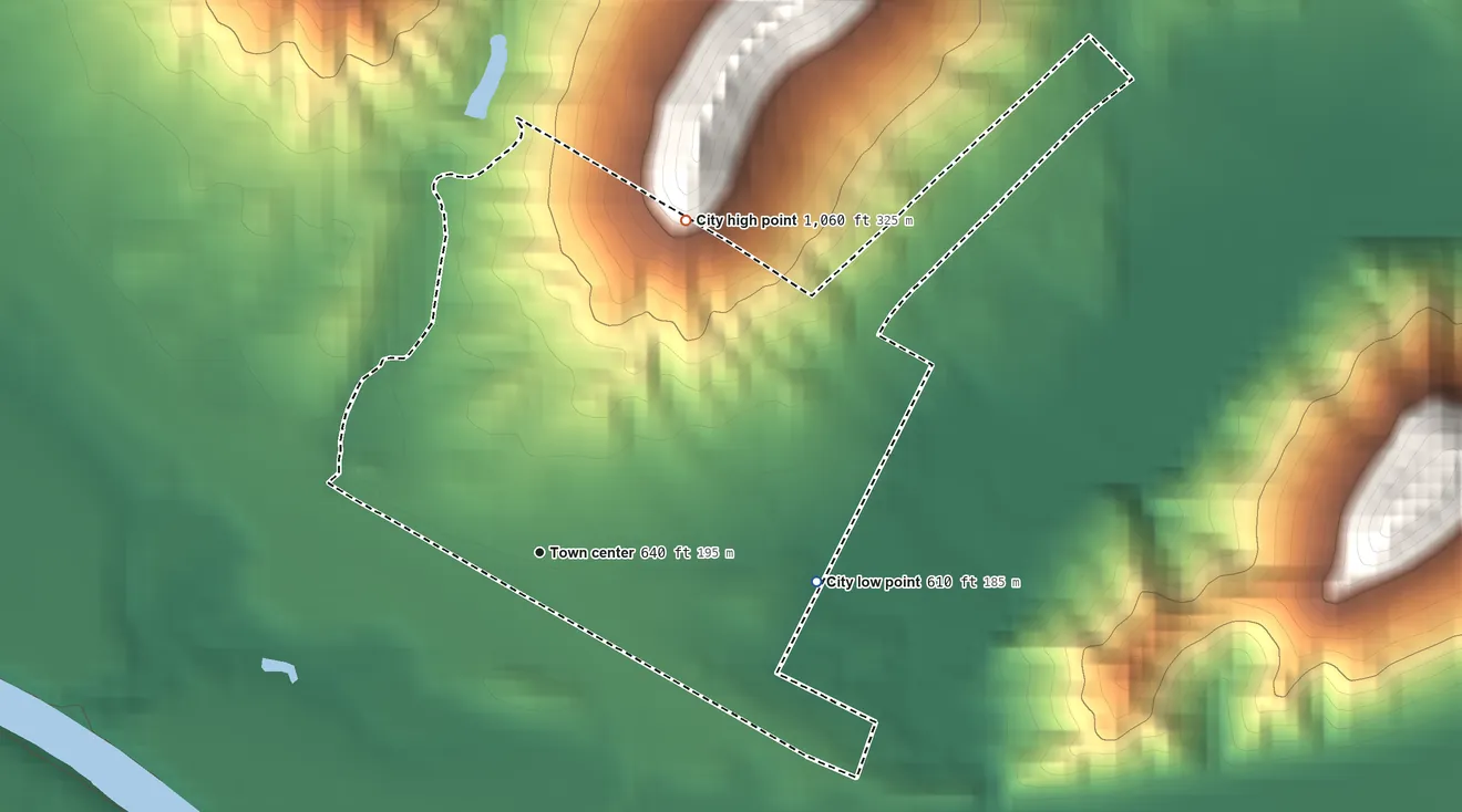 Topographic elevation map of Ravenna, Kentucky, shaded from 610 ft on the east side to 1,060 ft on the northeast side