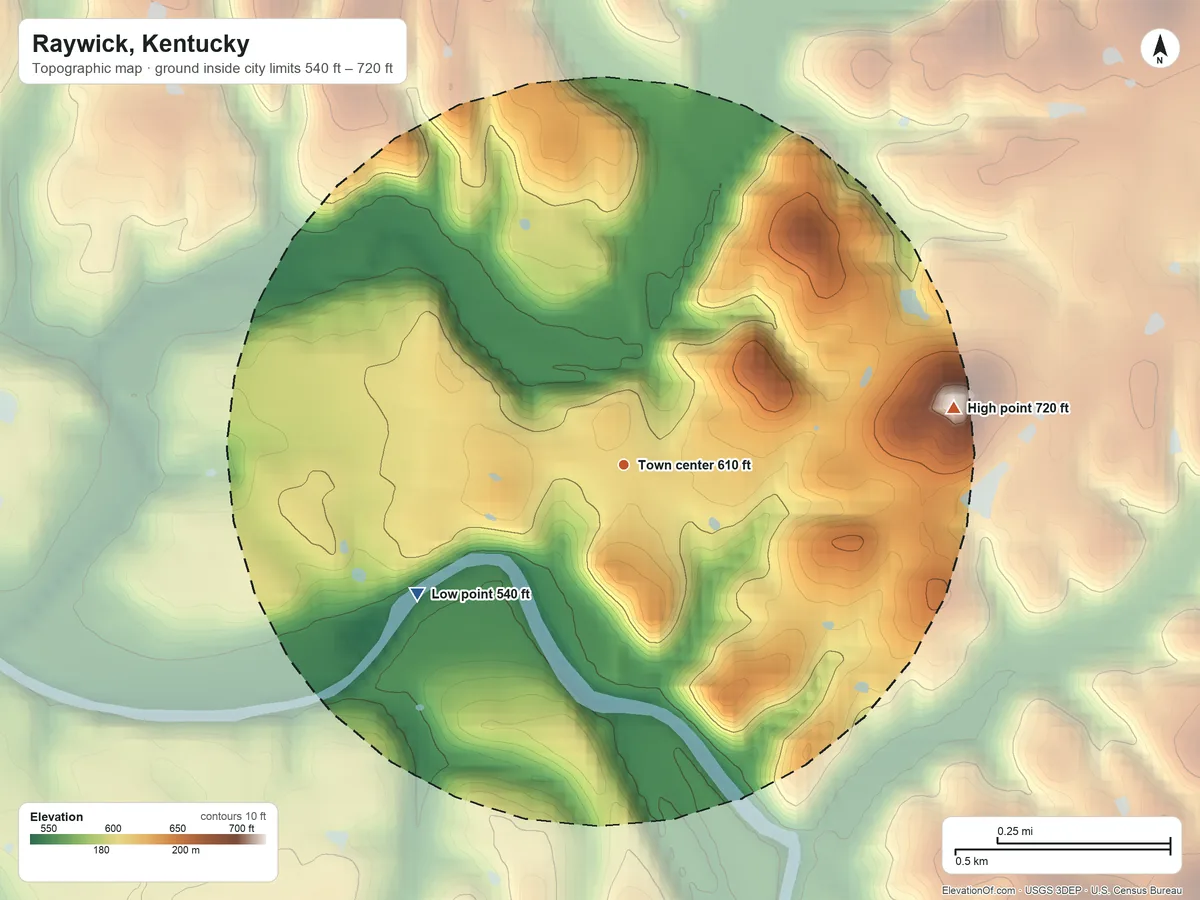 Topographic elevation map of Raywick, Kentucky, shaded from 540 ft on the southwest side to 720 ft on the east side