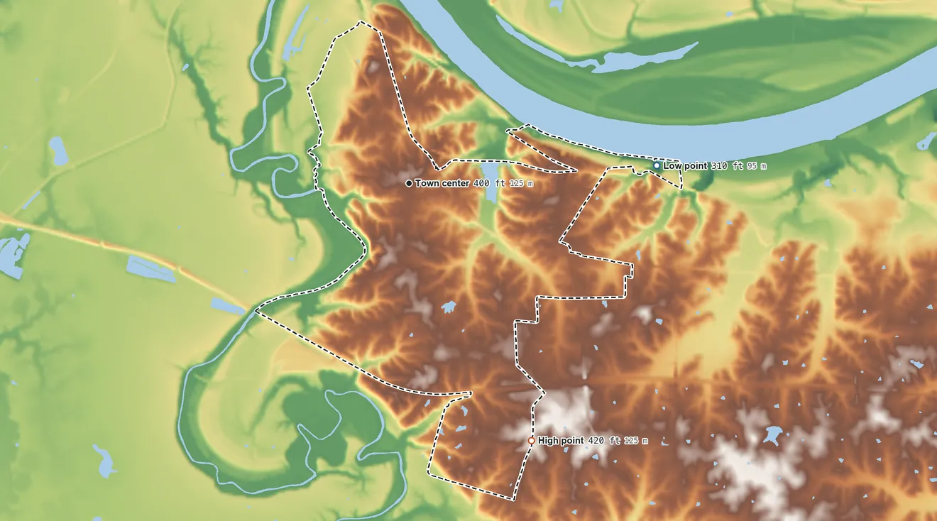 Topographic elevation map of Reidland, Kentucky, shaded from 310 ft on the east side to 420 ft on the southeast side
