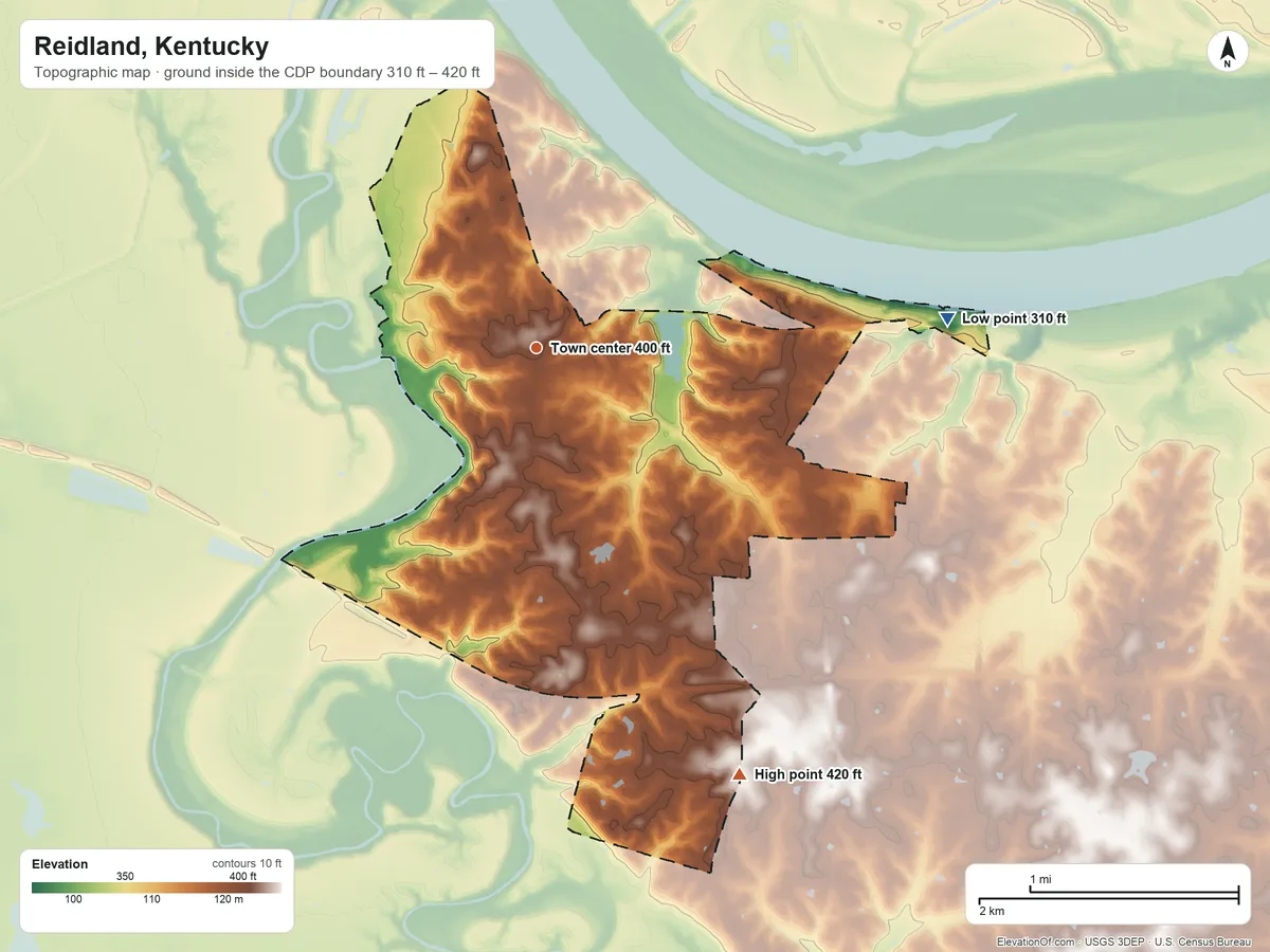 Topographic elevation map of Reidland, Kentucky, shaded from 310 ft on the east side to 420 ft on the southeast side