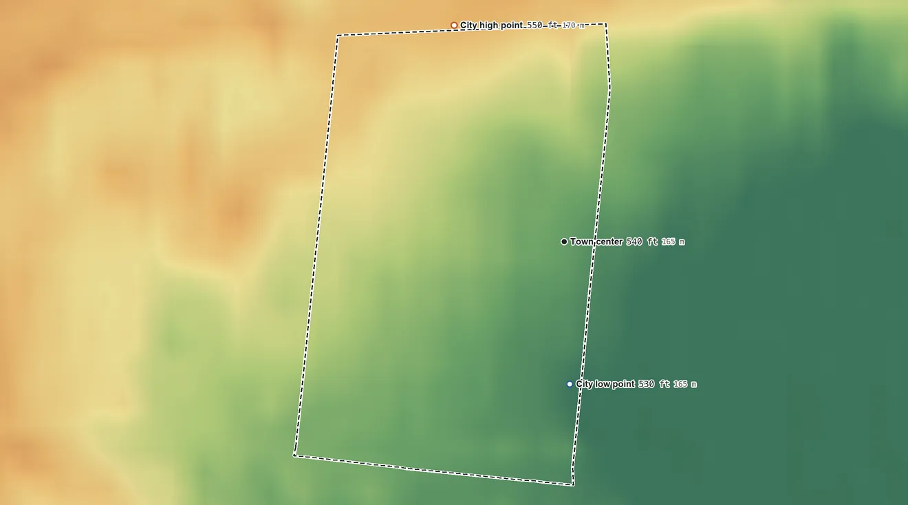 Topographic elevation map of Richlawn, Kentucky, shaded from 530 ft on the south side to 550 ft on the northwest side