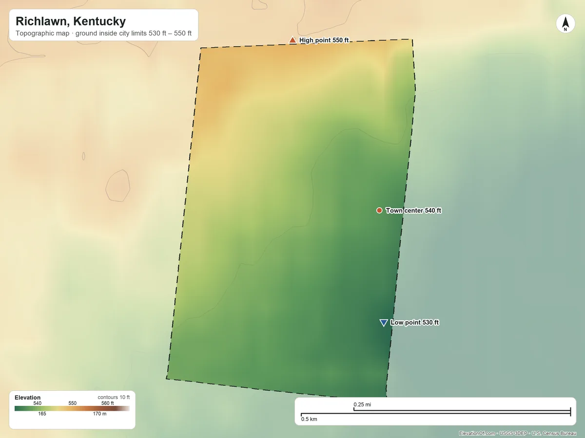 Topographic elevation map of Richlawn, Kentucky, shaded from 530 ft on the south side to 550 ft on the northwest side