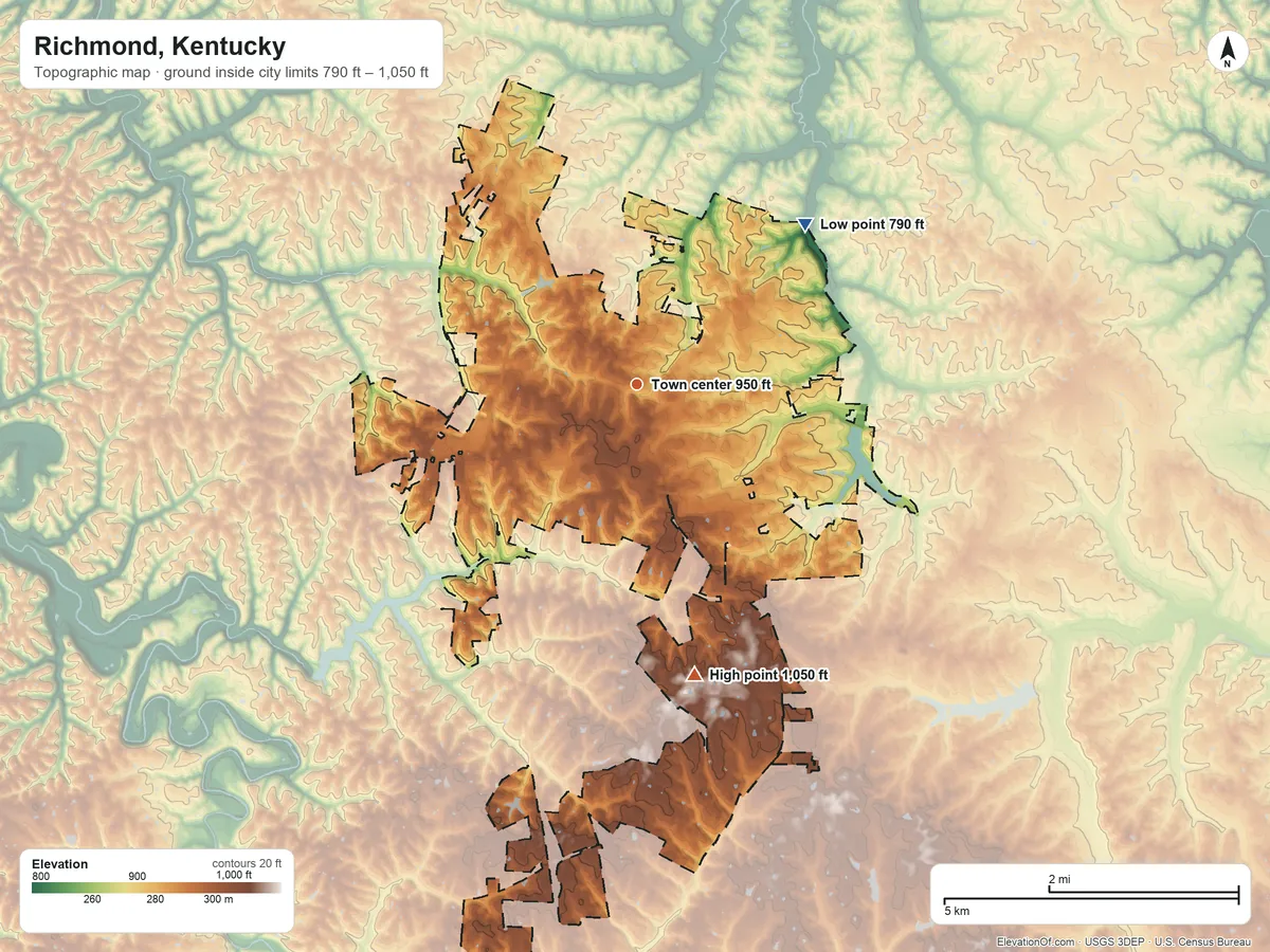 Topographic elevation map of Richmond, Kentucky, shaded from 790 ft on the northeast side to 1,050 ft on the south side