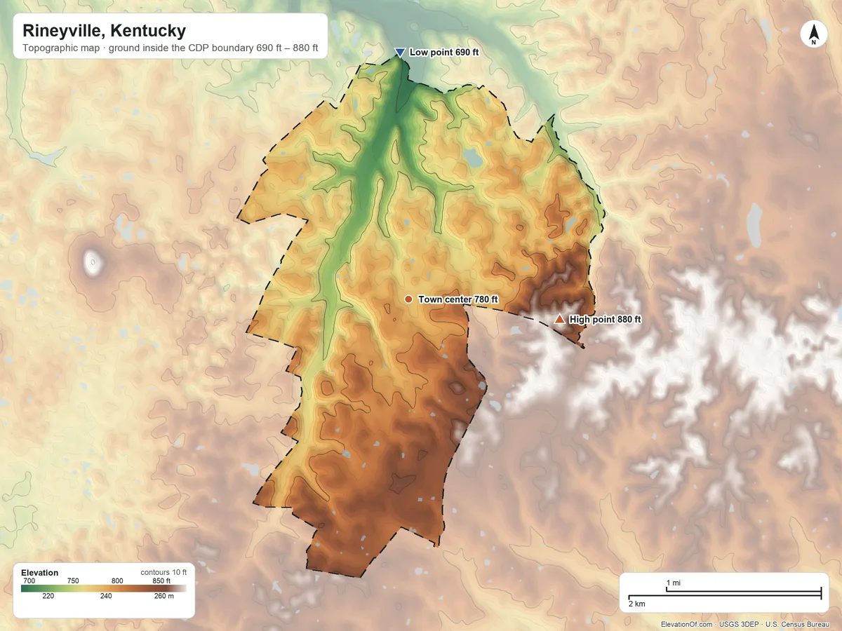 Topographic elevation map of Rineyville, Kentucky, shaded from 690 ft on the north side to 880 ft on the east side