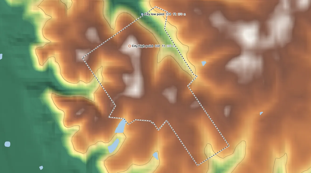 Topographic elevation map of River Bluff, Kentucky, shaded from 550 ft on the north side to 660 ft on the northwest side