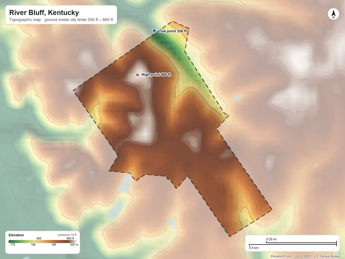 Topographic elevation map of River Bluff, Kentucky, shaded from 550 ft on the north side to 660 ft on the northwest side
