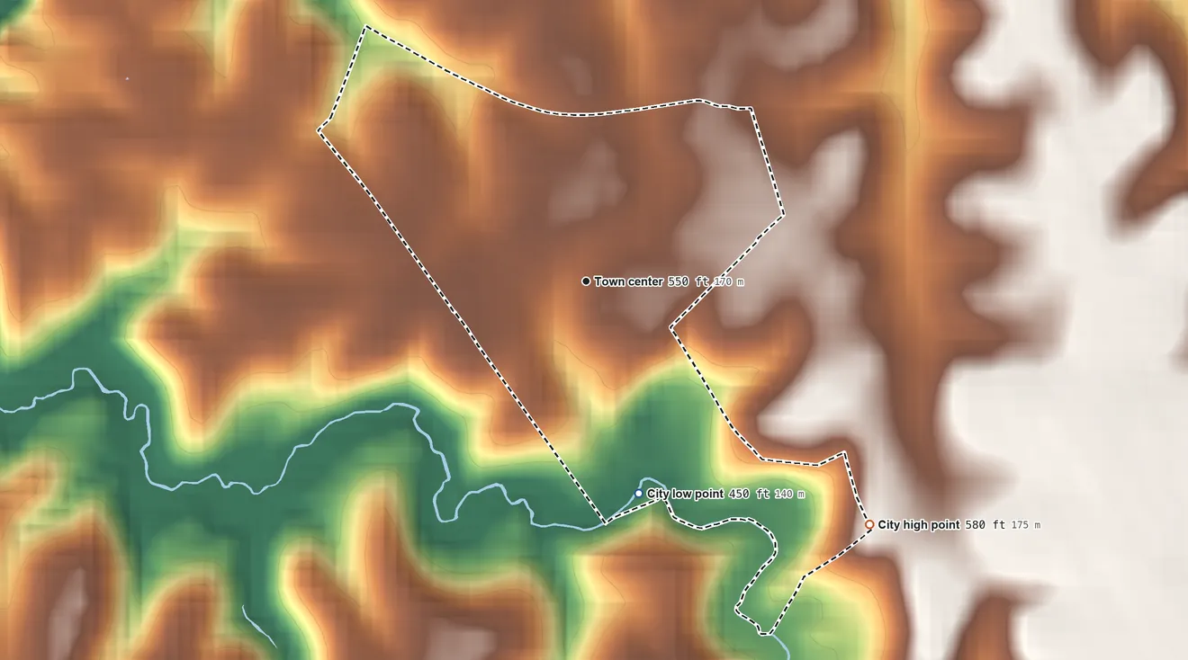 Topographic elevation map of Riverwood, Kentucky, shaded from 450 ft on the south side to 580 ft on the southeast side