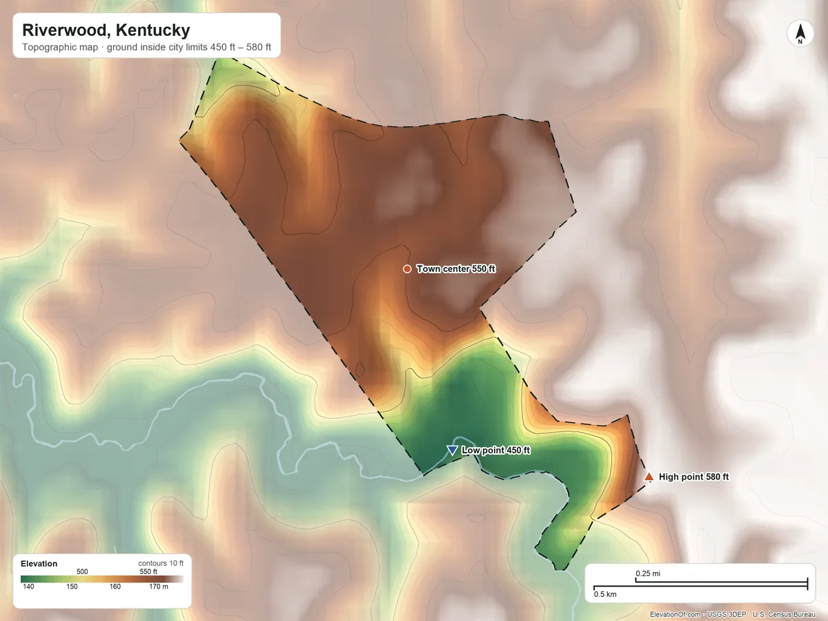 Topographic elevation map of Riverwood, Kentucky, shaded from 450 ft on the south side to 580 ft on the southeast side