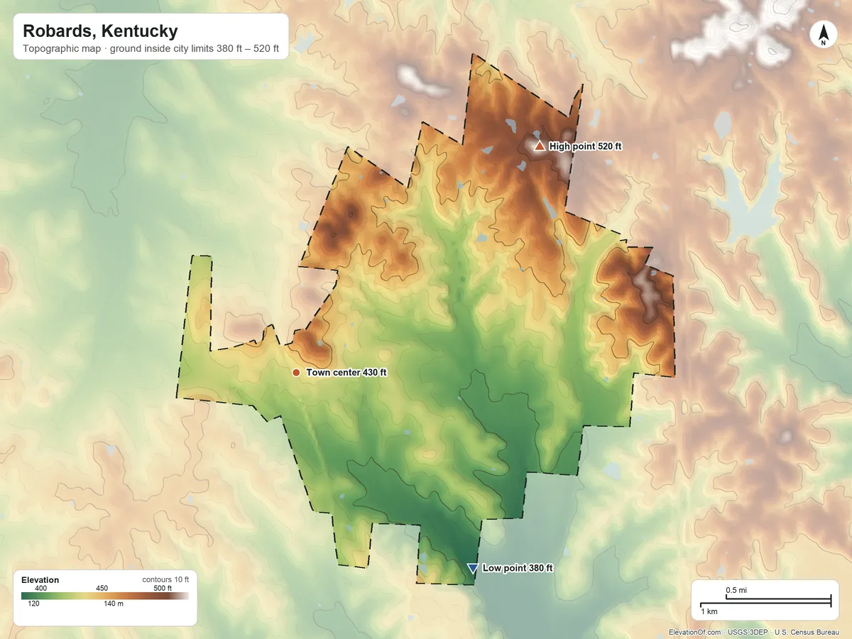 Topographic elevation map of Robards, Kentucky, shaded from 380 ft on the southeast side to 520 ft on the northeast side