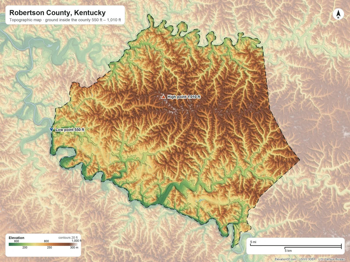 Topographic elevation map of Robertson County, Kentucky, shaded from 550 ft on the west side to 1,010 ft on the north side