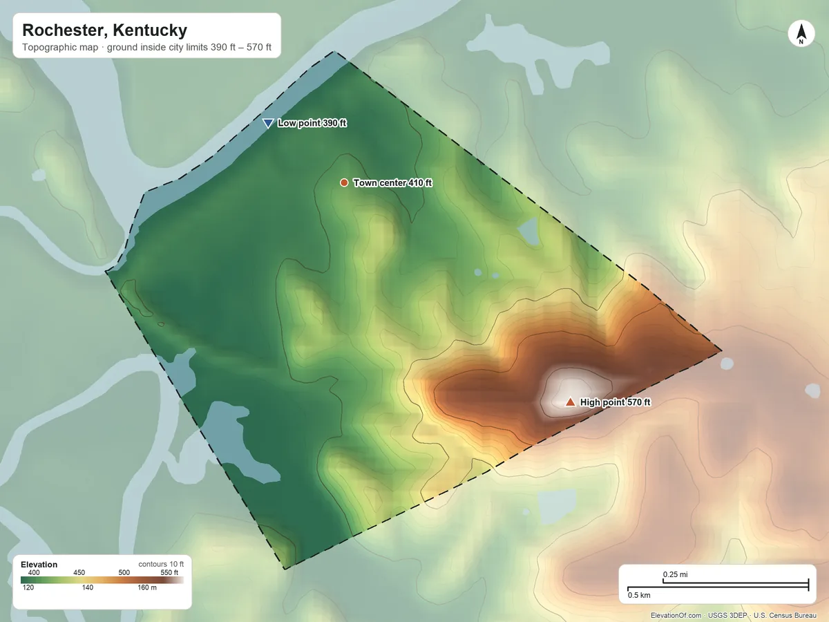 Topographic elevation map of Rochester, Kentucky, shaded from 390 ft on the northwest side to 570 ft on the southeast side