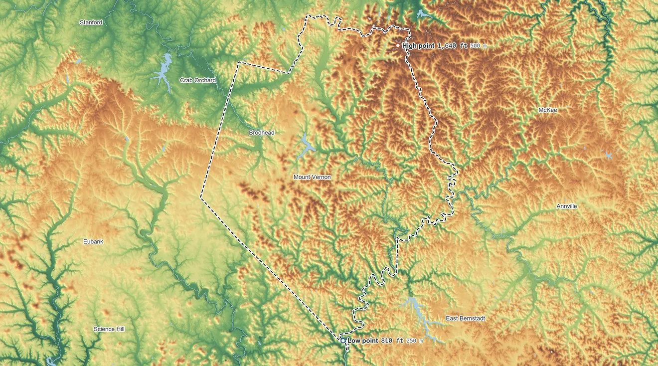 Topographic elevation map of Rockcastle County, Kentucky, shaded from 810 ft on the south side to 1,640 ft on the northeast side