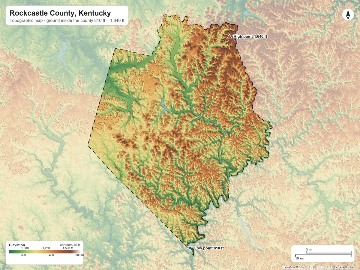 Topographic elevation map of Rockcastle County, Kentucky, shaded from 810 ft on the south side to 1,640 ft on the northeast side