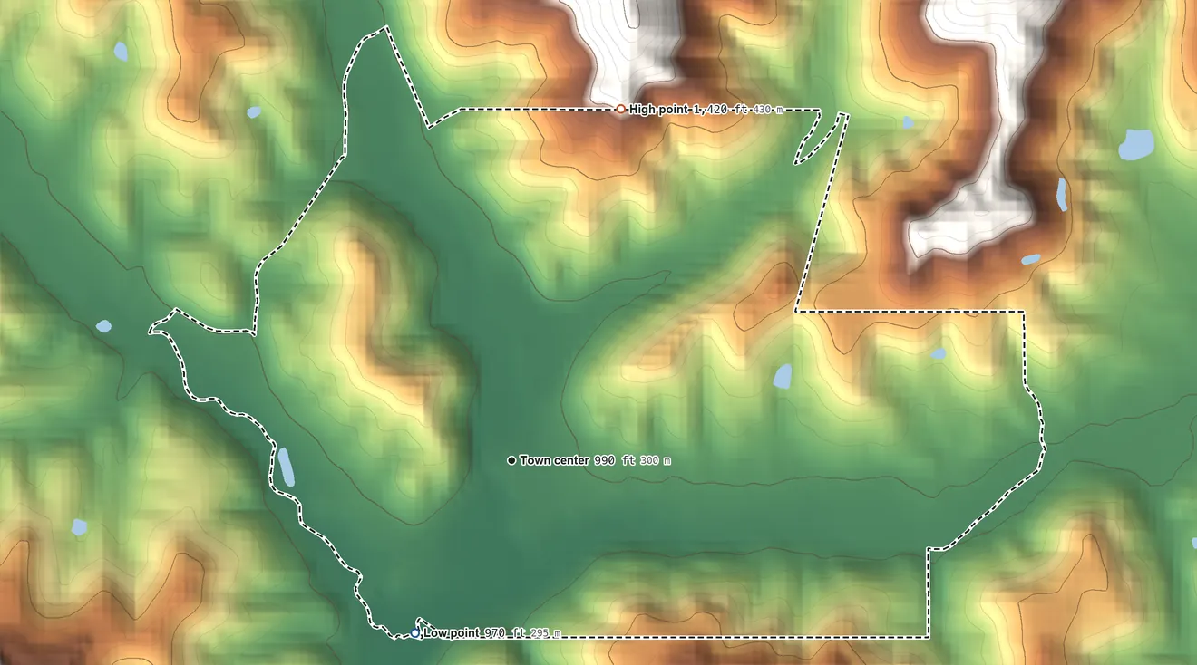 Topographic elevation map of Rockholds, Kentucky, shaded from 970 ft on the southwest side to 1,420 ft on the north edge, below higher ground just outside