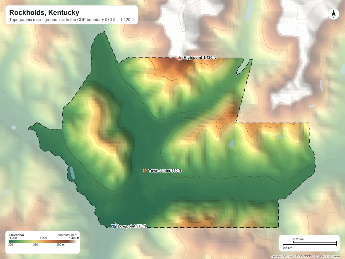 Topographic elevation map of Rockholds, Kentucky, shaded from 970 ft on the southwest side to 1,420 ft on the north edge, below higher ground just outside