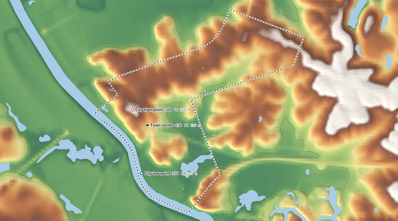 Topographic elevation map of Rockport, Kentucky, shaded from 370 ft on the south side to 500 ft near the middle