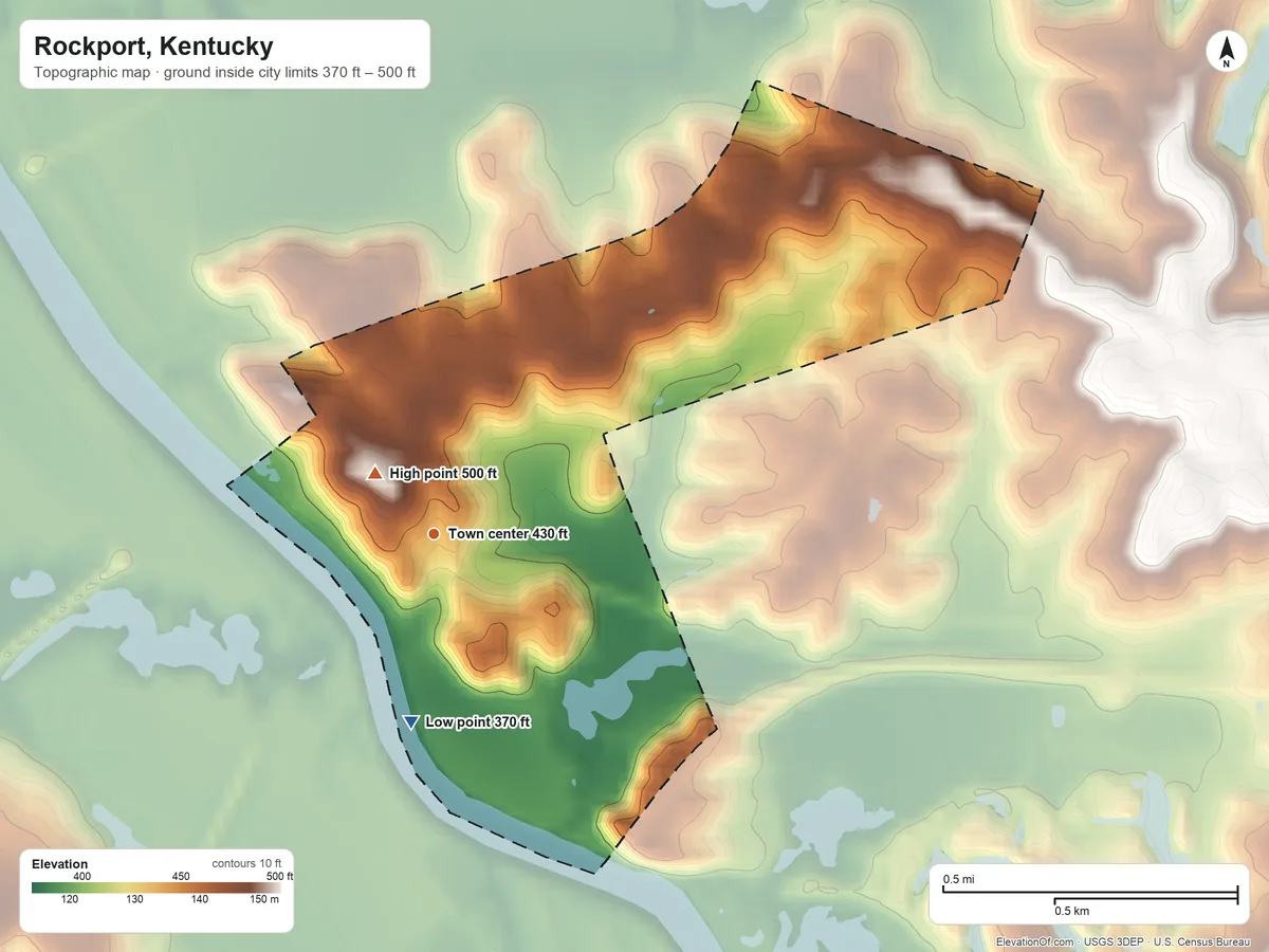 Topographic elevation map of Rockport, Kentucky, shaded from 370 ft on the south side to 500 ft near the middle