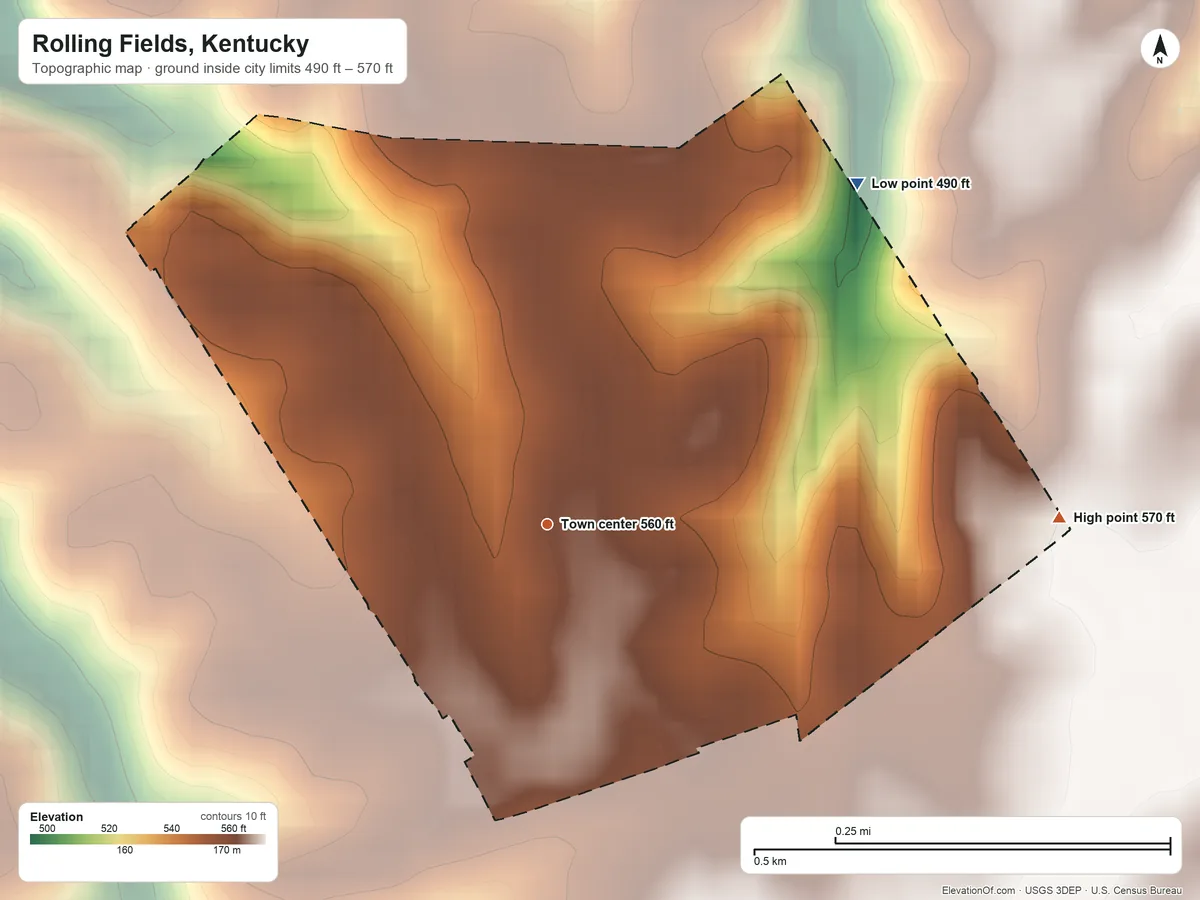 Topographic elevation map of Rolling Fields, Kentucky, shaded from 490 ft on the northeast side to 570 ft on the east side