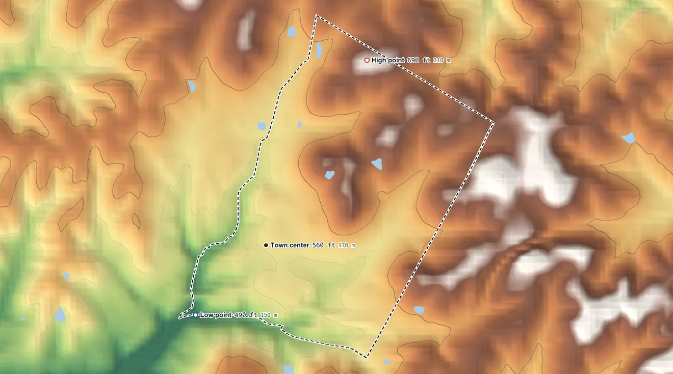 Topographic elevation map of Rosine, Kentucky, shaded from 490 ft on the southwest side to 690 ft on the northeast side
