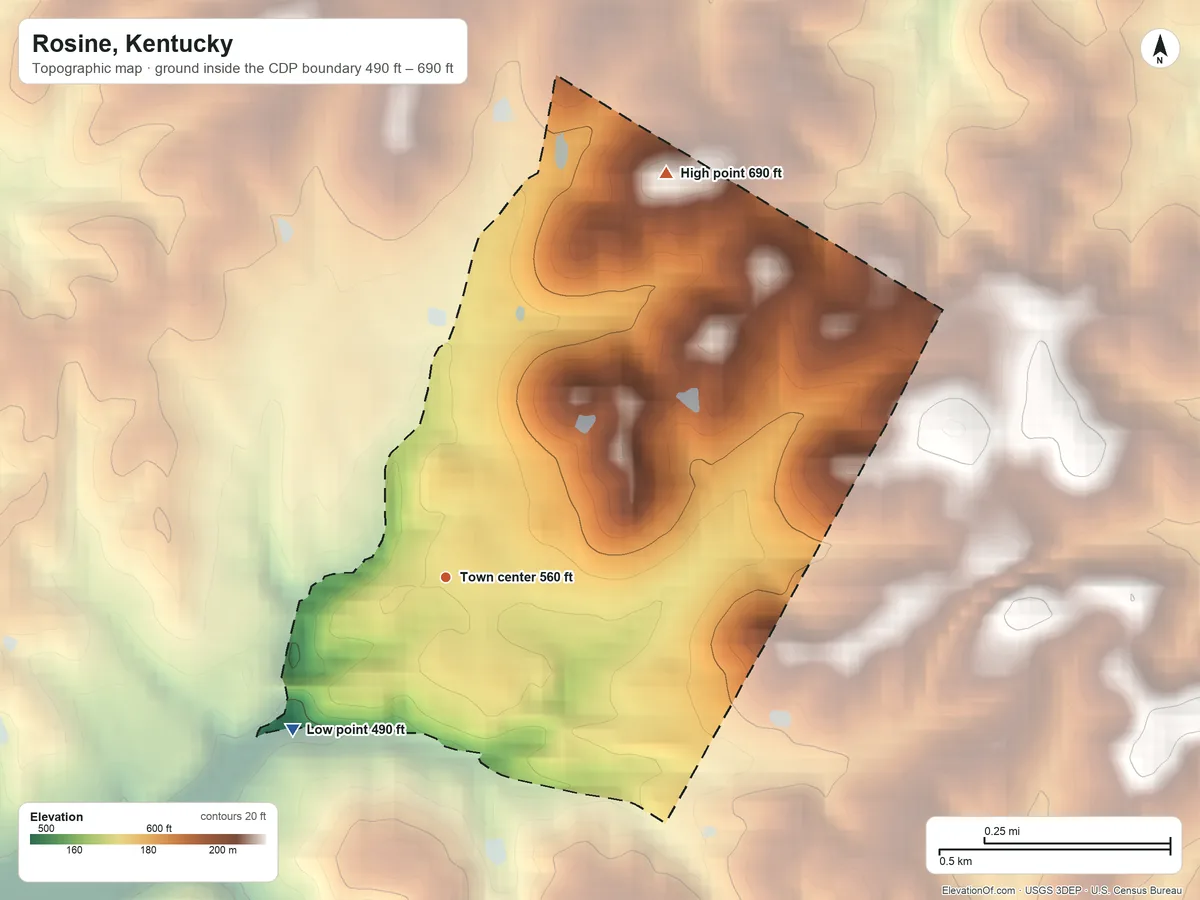 Topographic elevation map of Rosine, Kentucky, shaded from 490 ft on the southwest side to 690 ft on the northeast side