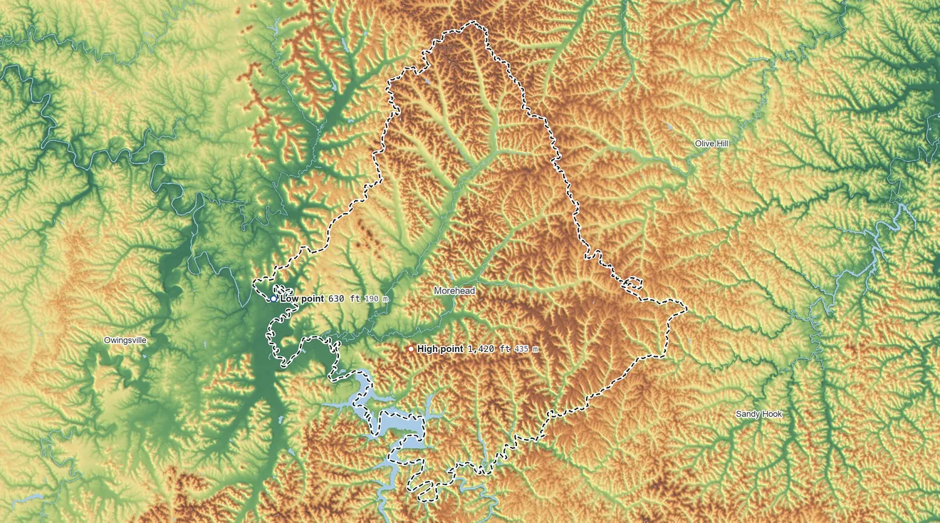 Topographic elevation map of Rowan County, Kentucky, shaded from 630 ft on the west side to 1,420 ft on Limestone Knob