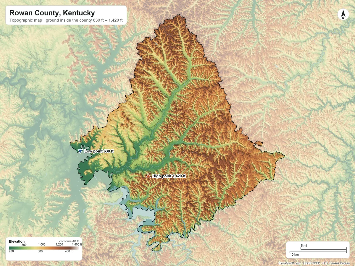 Topographic elevation map of Rowan County, Kentucky, shaded from 630 ft on the west side to 1,420 ft on Limestone Knob