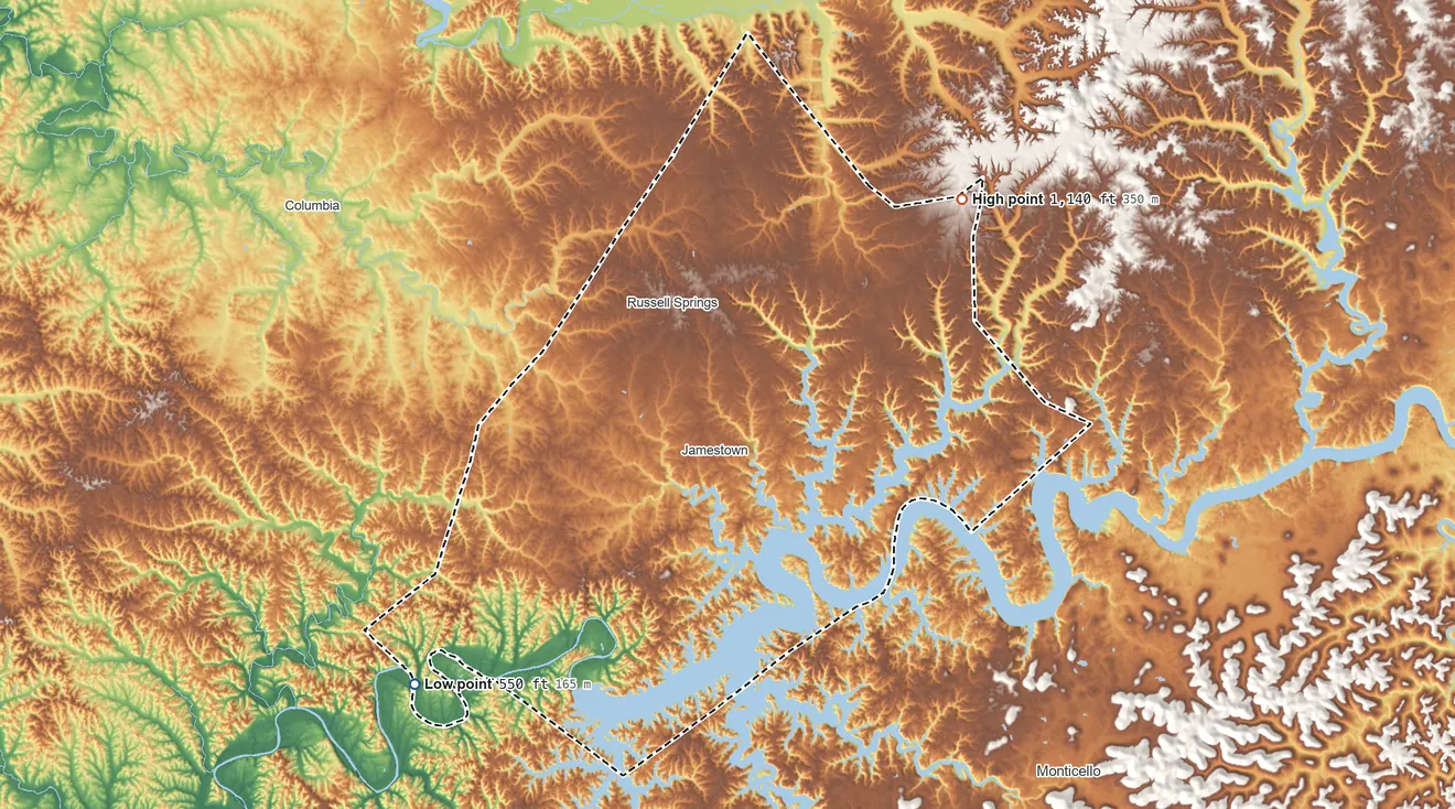 Topographic elevation map of Russell County, Kentucky, shaded from 550 ft on the southwest side to 1,140 ft on the northeast side