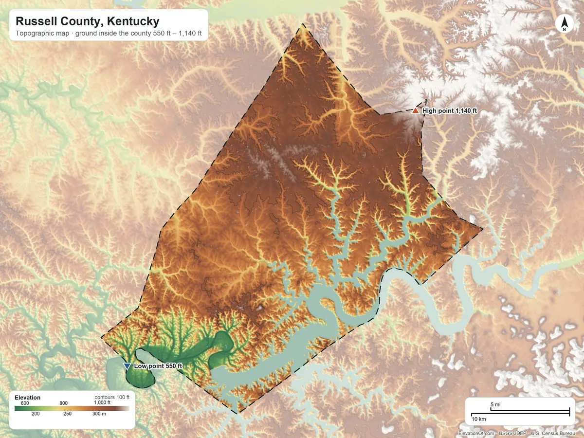 Topographic elevation map of Russell County, Kentucky, shaded from 550 ft on the southwest side to 1,140 ft on the northeast side