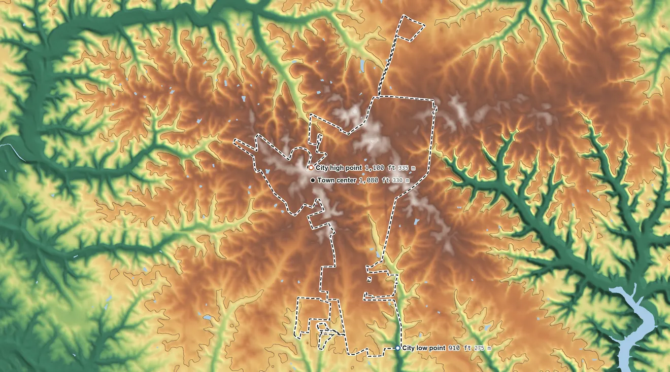Topographic elevation map of Russell Springs, Kentucky, shaded from 910 ft on the southeast side to 1,100 ft near the middle