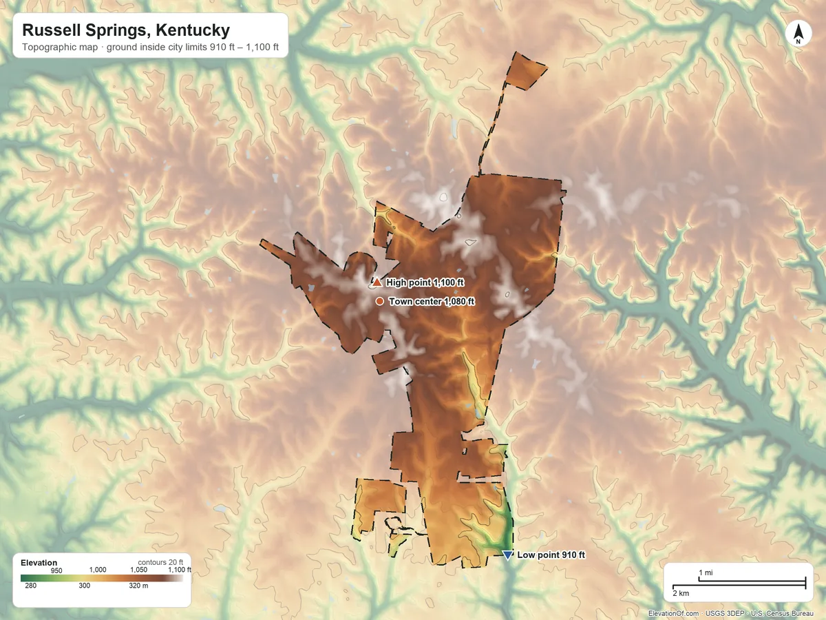 Topographic elevation map of Russell Springs, Kentucky, shaded from 910 ft on the southeast side to 1,100 ft near the middle