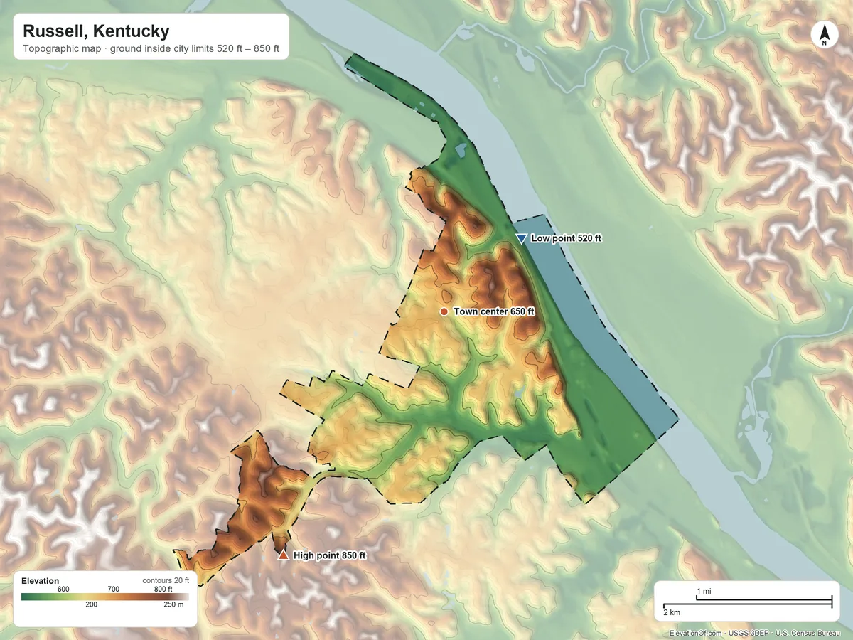 Topographic elevation map of Russell, Kentucky, shaded from 520 ft on the northeast side to 850 ft on the southwest side