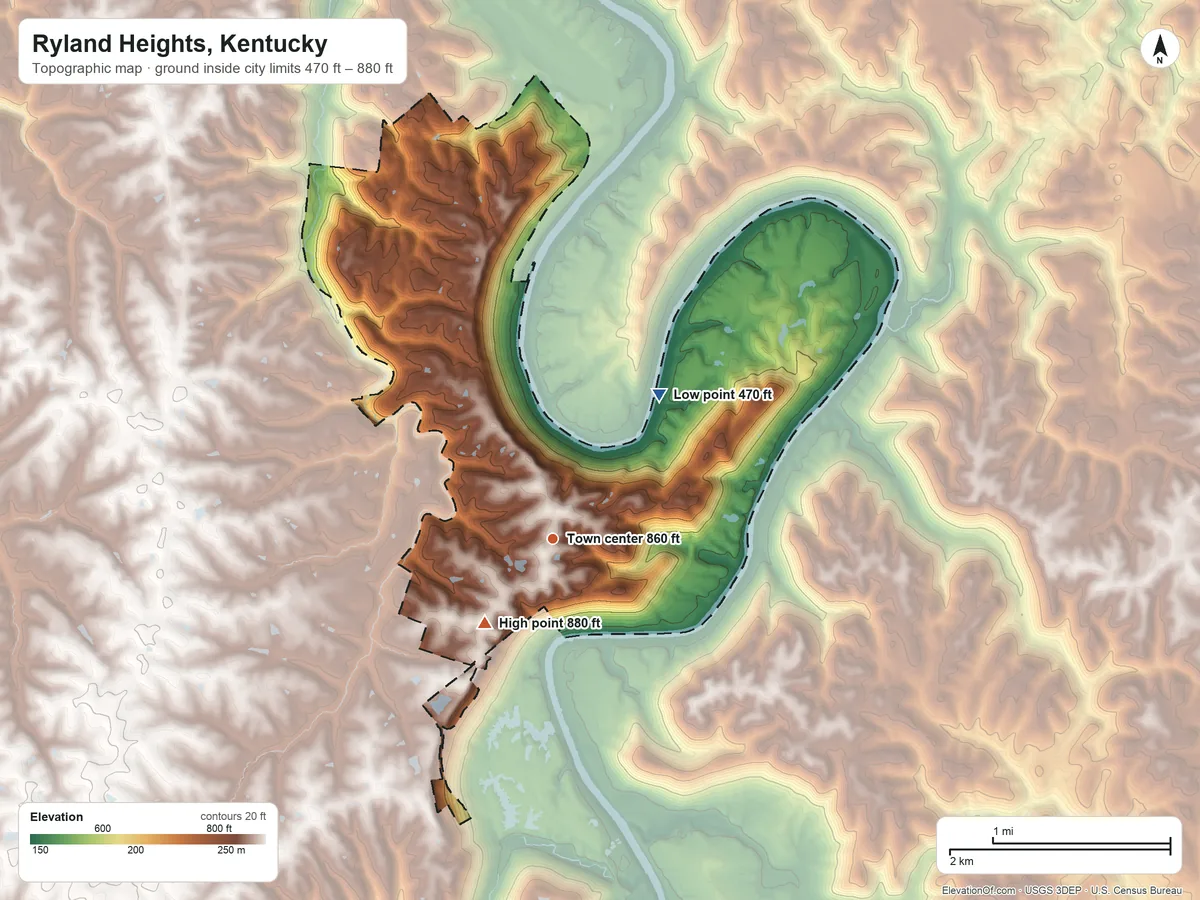 Topographic elevation map of Ryland Heights, Kentucky, shaded from 470 ft on the northeast side to 880 ft on the southwest side