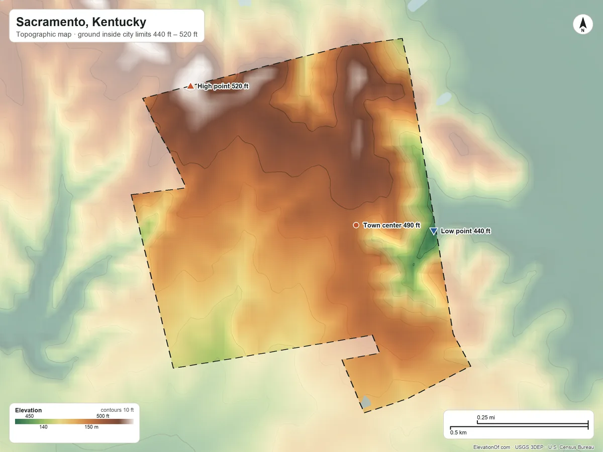 Topographic elevation map of Sacramento, Kentucky, shaded from 440 ft on the east side to 520 ft on the northwest side