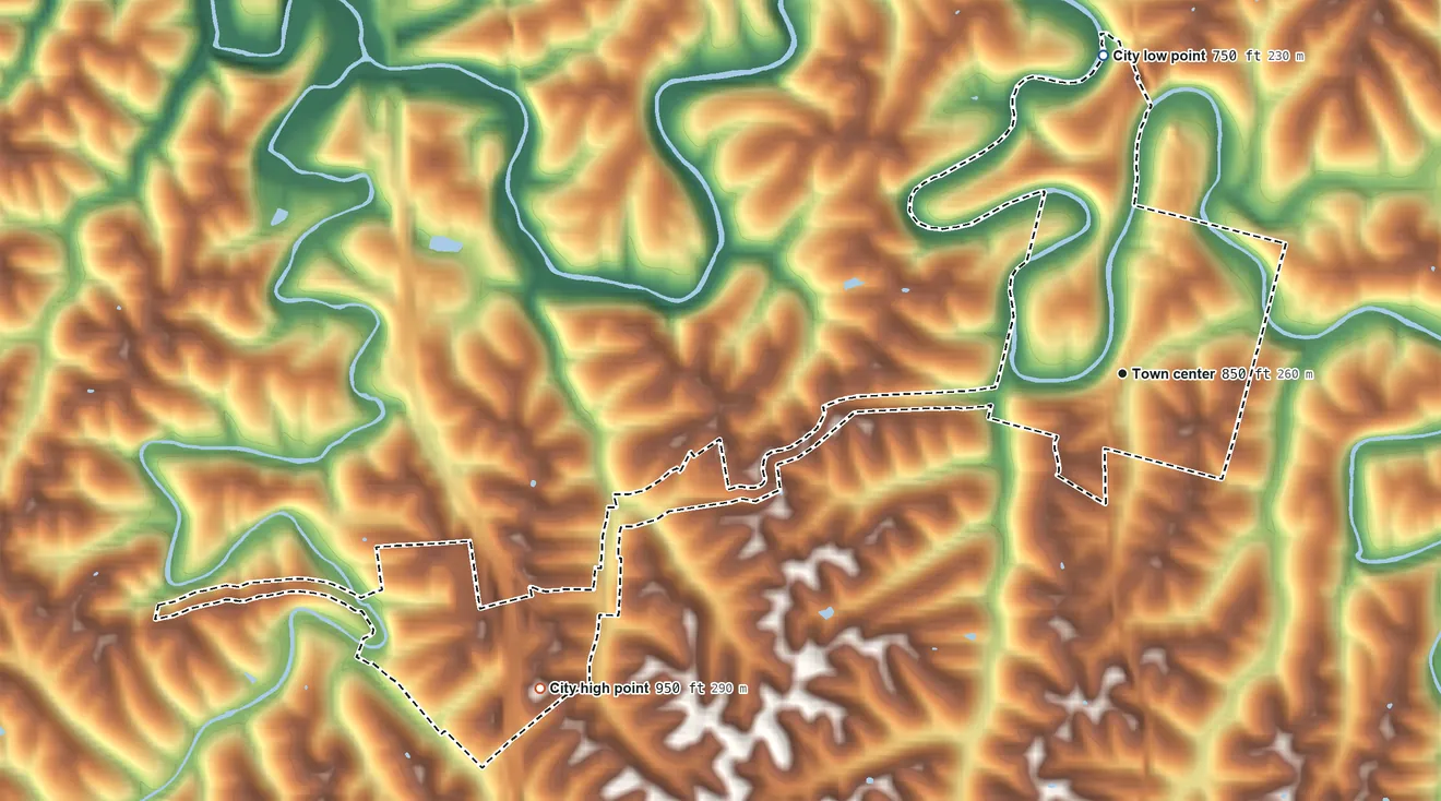 Topographic elevation map of Sadieville, Kentucky, shaded from 750 ft on the north side to 950 ft on the southwest side