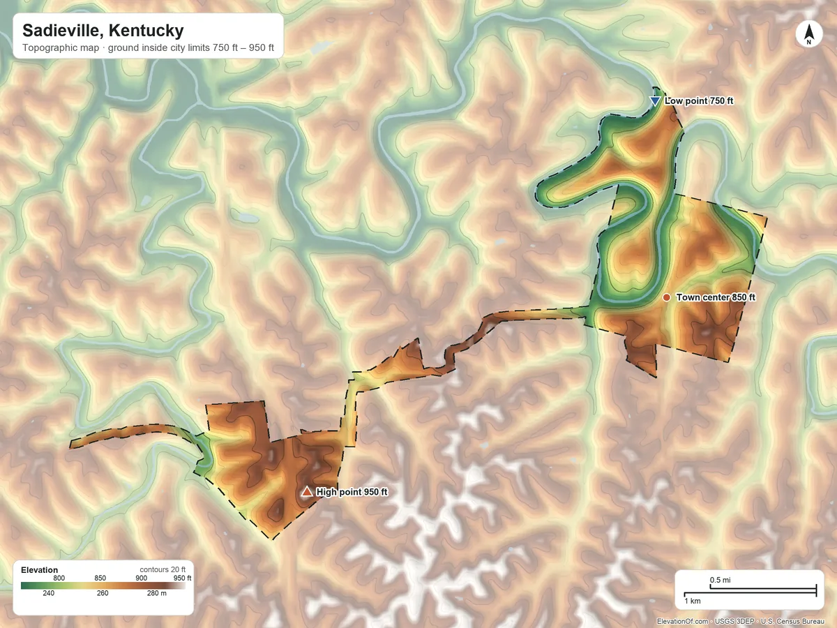 Topographic elevation map of Sadieville, Kentucky, shaded from 750 ft on the north side to 950 ft on the southwest side